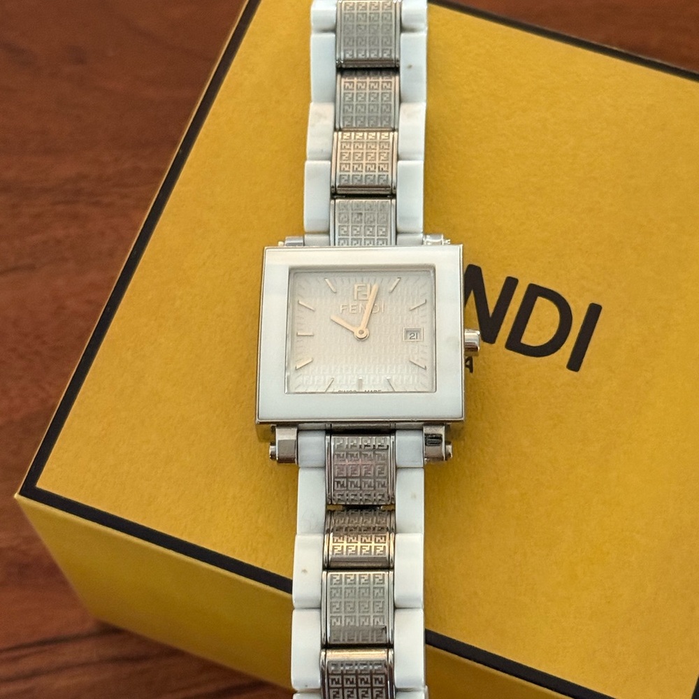 Fendi Silver and Cream Square Face Watch